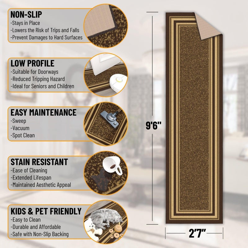 Ottomanson Hallway Runner Rug 2'7" x 9'6" Non Slip Border Area Rugs Easy to Clean Laundry Rug Runner Durable & Pet Friendly Floor Carpet Runners for Hallways Entryway Living Room Kitchen, Brown - Image 2